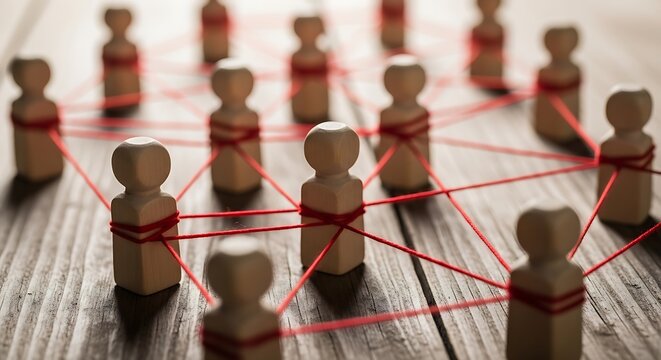 Wooden Peg Dolls Connected by Red String in Network Pattern on Rustic Wooden Surface