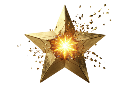 Polished, fractured 3D golden star with radiant light and molten energy bursting forth, scattering sharp shards on transparent. Concept of explosive power.