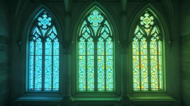 Ornate Gothic Stained Glass Windows Bathed in Soft, Colored Light