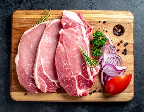 Sliced raw pork chops with herbs, onion, and tomato on wooden board - Powered by Adobe