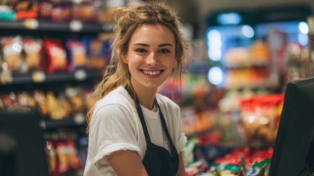 Smiling cashier at a busy grocery store during the evening shift engaging with customers and providing assistance