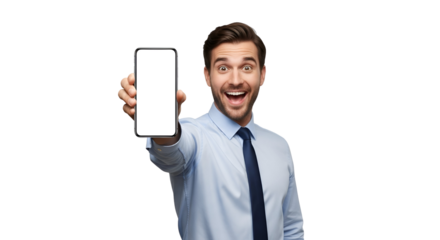 Enthusiastic Businessman Displaying Blank Smartphone Screen Against Transparent Backdrop Showcase Mockup for Mobile App or Website Design Modern Communication Tool Demonstration Smiling Expression
