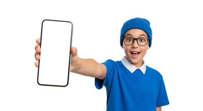Enthusiastic boy presenting a blank smartphone screen against a transparent backdrop perfect for app promotion showcasing modern technology and communication with a touch of youthful exuberance in - Powered by Adobe