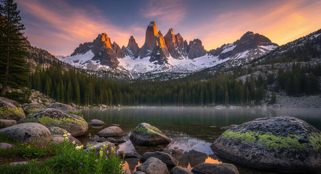 Majestic mountain range landscape with lake and lush forest under sunset sky - Powered by Adobe