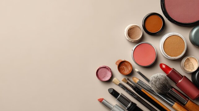 Explore various professional makeup products arranged neatly on a smooth abstract background perfect for beauty enthusiasts and makeup artists at any time of day - Powered by Adobe