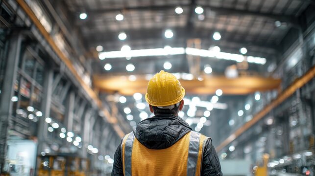 Worker observes large warehouse with bright lights and machinery during a busy day in an industrial setting