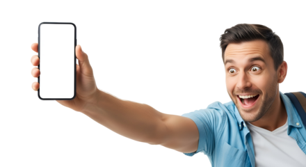 Excited Man Holding Smartphone with Blank Screen on Transparent Background Cheerful Male Showing Mobile Phone Display Amazed Guy Advertising App or Website Presentation Mobile Technology Concepts