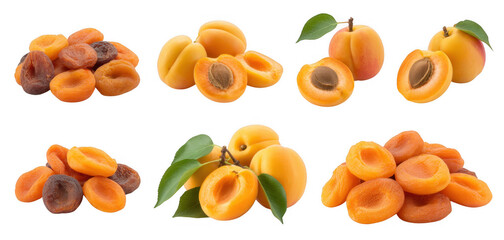 Fresh dried apricots and whole fruits isolated on a transparent background