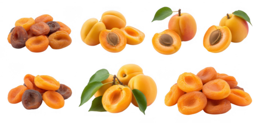 Fresh dried apricots and whole fruits isolated on a transparent background