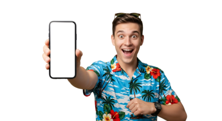 Enthusiastic man in vibrant Hawaiian shirt presenting blank phone screen showcasing mobile app or website on transparent background technology advertisement for vacation or travel industry promotion