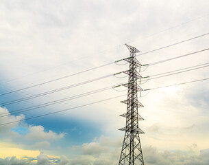 High voltage electric pole power line electric transmission tower background, technology energy...