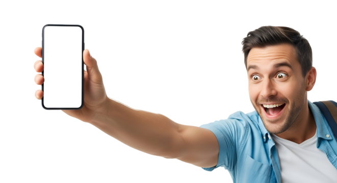 Excited Man Holding Smartphone with Blank Screen on Transparent Background Cheerful Male Showing Mobile Phone Display Amazed Guy Advertising App or Website Presentation Mobile Technology Concepts
