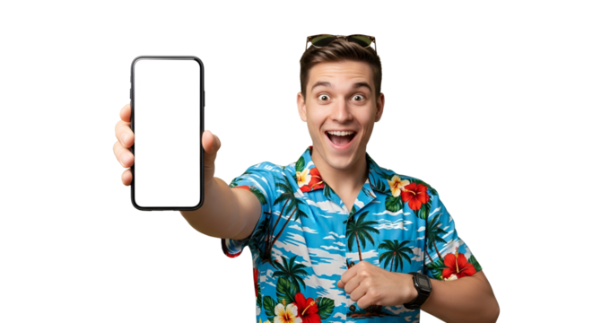 Enthusiastic man in vibrant Hawaiian shirt presenting blank phone screen showcasing mobile app or website on transparent background technology advertisement for vacation or travel industry promotion