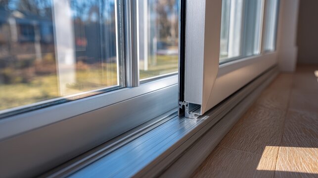 Close up view of a sliding patio door system showcasing an aluminum frame and smooth track mechanism in a sunny indoor setting