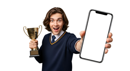 Excited student winner holding golden trophy and smartphone with transparent background showcasing blank screen for app presentation or promotion demonstrating academic success achievement and