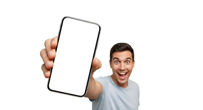 Excited Man Displaying Smartphone with Blank Screen on Transparent Background Cheerful Guy Holding Up Mobile Phone Device With Mockup Display for Advertisement Digital Content Presentation App