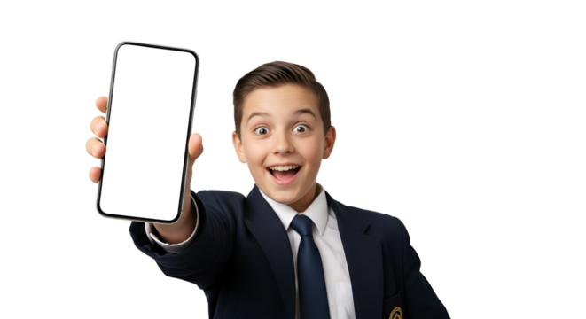 Excited Schoolboy Displaying Smartphone Transparent Background Thrilled Student Showing Blank Mobile Screen in Hand Isolated on Black Background Modern Communication Technology Concept Presentation