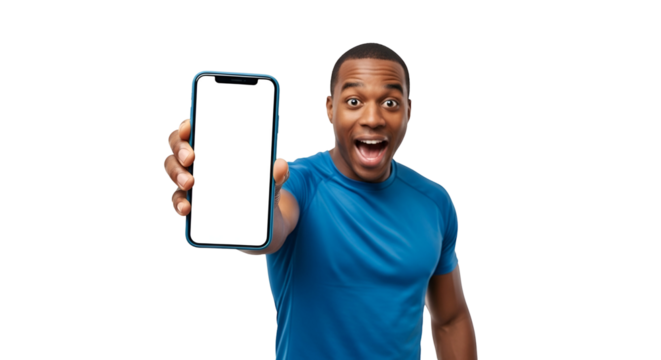 Enthusiastic African American man showcasing mobile application on smartphone with blank screen and transparent background for diverse user interfaces attractive product demonstration excited