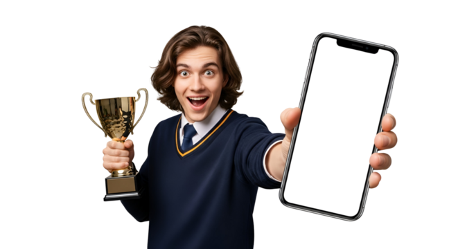 Excited student winner holding golden trophy and smartphone with transparent background showcasing blank screen for app presentation or promotion demonstrating academic success achievement and