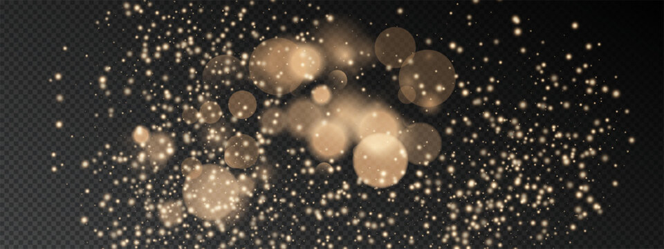 Gold dust bokeh light effect background with glitter particles. Golden confetti dots, flare orbs, and magic sparkles create champagne glow on black. Vector shine texture for festive firework designs