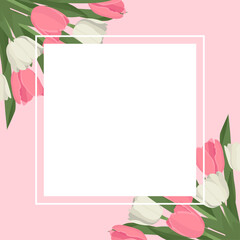 Spring Mom's day floral frame with gentle white and pink tulips bouquet