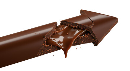 Luxurious dark chocolate arrow, perfectly tempered with glossy sheen, snapped diagonally revealing rich oozing molten ganache and delicate crumbs, isolated on transparent studio background. Concept of
