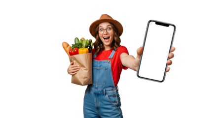 Enthusiastic woman displaying smartphone with blank screen and fresh groceries in a bag transparent background isolated overjoyed person promoting grocery app or organic food delivery service