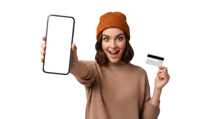 Cheerful Woman Displaying Mobile App with Blank Screen and Credit Card for Online Shopping Promotion on Transparent Background Happy Girl with Smartphone Shopping with Technology Integration