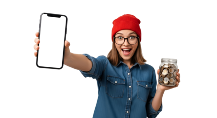 Excited Woman Displaying Smartphone and Savings Jar with Transparent Background Confident Young Lady with Red Beanie and Glasses Showcasing Financial Success and Mobile Technology Investment Concept
