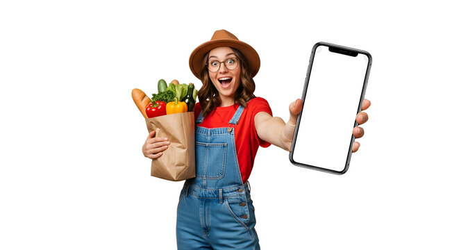 Enthusiastic woman displaying smartphone with blank screen and fresh groceries in a bag transparent background isolated overjoyed person promoting grocery app or organic food delivery service
