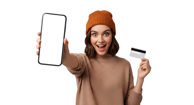 Cheerful Woman Displaying Mobile App with Blank Screen and Credit Card for Online Shopping Promotion on Transparent Background Happy Girl with Smartphone Shopping with Technology Integration