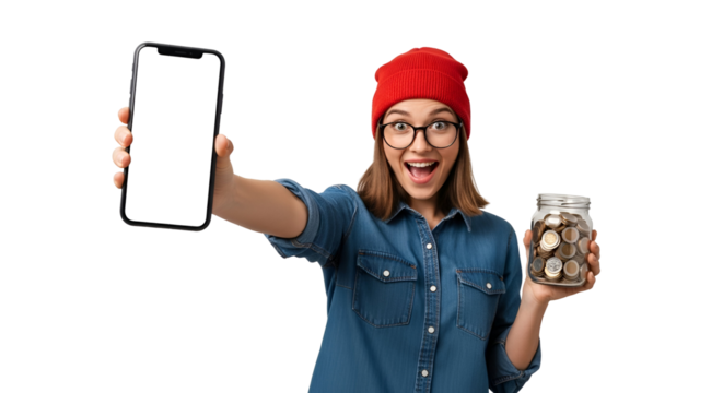 Excited Woman Displaying Smartphone and Savings Jar with Transparent Background Confident Young Lady with Red Beanie and Glasses Showcasing Financial Success and Mobile Technology Investment Concept