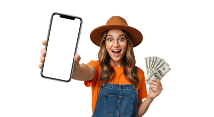 Excited Woman Holding Blank Smartphone with Transparent Background and Money Fan Showing Financial Success Wearing Hat Glasses and Overalls on Black Background Mockup for Business or Lifestyle