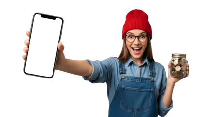 Enthusiastic woman showcasing smartphone and savings jar with coins on transparent background embodying mobile banking investment ideas and financial technology for modern money management or
