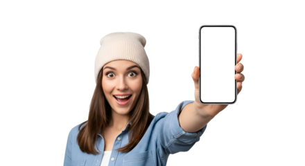 Enthusiastic young woman displaying phone with blank white screen against a transparent backdrop for app promotion or mobile content display demonstrating wireless technology in a fun way studio shot