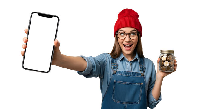 Enthusiastic woman showcasing smartphone and savings jar with coins on transparent background embodying mobile banking investment ideas and financial technology for modern money management or