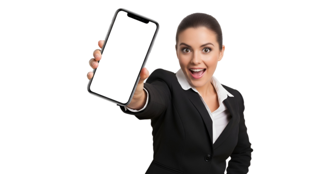 Excited Businesswoman Presenting Smartphone with Blank Screen against Transparent Background Showcasing Mobile App Mockup for Business Solution and Modern Communication Technology for Commercial Use