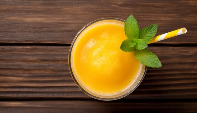 Mango smoothies orange colorful fruit juice beverage healthy high protein the taste yummy in glass on wood background from top view