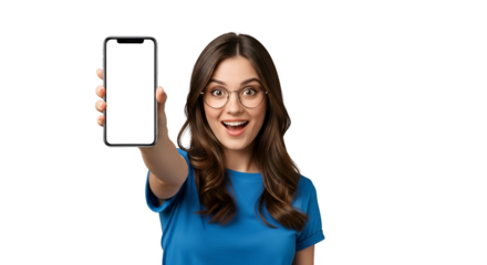 Enthusiastic woman displaying smartphone with blank screen against transparent backdrop for mobile app promotion or digital content advertisement showcasing modern technology and connectivity