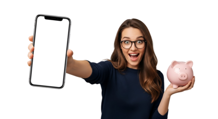 Excited Young Woman Showing Smartphone with Empty Screen and Piggy Bank on Transparent Background Demonstrating Financial Savings or Mobile Banking App Benefits Money Management and Investments