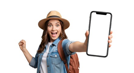 Excited tourist woman with hat holding a blank mobile phone ready for travel app or booking vacation showing cellphone screen with a transparent background for mockup presentation on mobile journey
