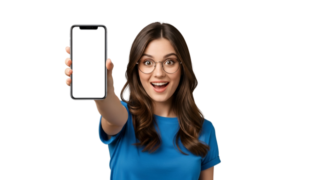 Enthusiastic woman displaying smartphone with blank screen against transparent backdrop for mobile app promotion or digital content advertisement showcasing modern technology and connectivity