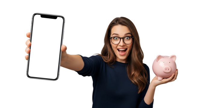 Excited Young Woman Showing Smartphone with Empty Screen and Piggy Bank on Transparent Background Demonstrating Financial Savings or Mobile Banking App Benefits Money Management and Investments - Powered by Adobe