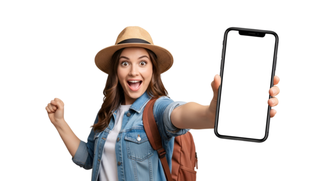 Excited tourist woman with hat holding a blank mobile phone ready for travel app or booking vacation showing cellphone screen with a transparent background for mockup presentation on mobile journey - Powered by Adobe