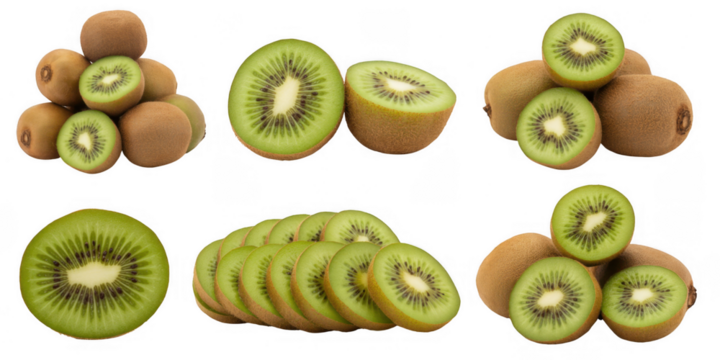 Fresh kiwi fruit slices and whole isolated on a transparent background