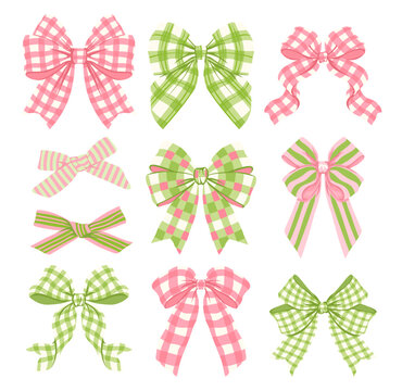 Pink and Green Gingham Coquette Bow Set. Cute Pastel Ribbon Vector Collection