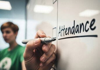 Persons hand holding a marker, writing the word attendance on a whiteboard in an office setting