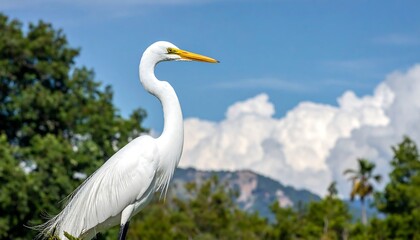 Fototapeta premium Elegant Great Egret Stands Tall Against a Blue Sky.