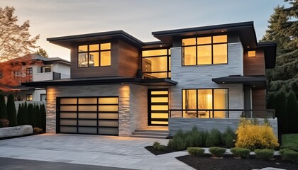 Modern Aesthetic Newly Built Home with Two-Car Garage, White Siding, and Natural Stone Staircase, 