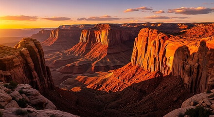 Golden hour bathes a grand canyon vista with towering red rock formations